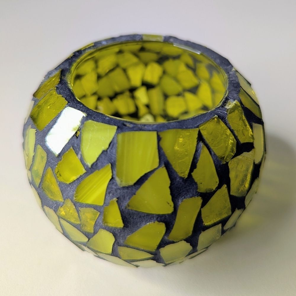Artist Made Yellow Green Stained Glass Mosaic Votive Tea Light Candleholder